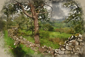 Digital watercolour painting of Landscape image of view from Precipice Walk in Snowdonia