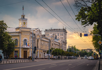 Fototapeta na wymiar Municipality town hall building street at blue hour in Chisinau, Moldova, 2019