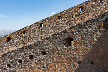 Stone wall in Palamidi fortress in Nafplio, Peloponnese, Greece. Fortress was built by the Venetians during their second occupation of the area.