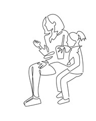 continuous single drawn one line mom with daughter knotted laces hand-drawn picture silhouette, doodle. Line art. mother teaches daughter to tie shoelaces