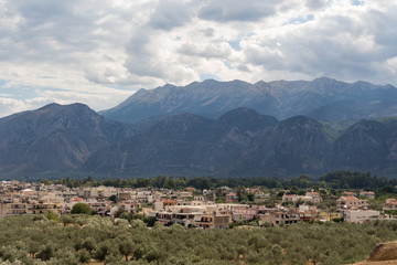 Fototapeta premium Panoramic view of town of Sparta, Peloponnese, Greece with Taygetus mountains in the background.