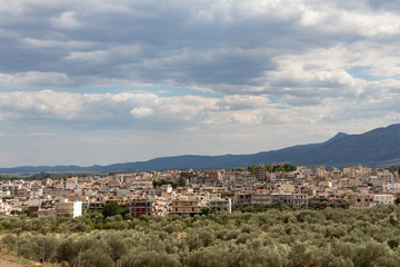 Fototapeta na wymiar Panoramic view of town of Sparta, Peloponnese, Greece with Taygetus mountains in the background.