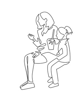 continuous single drawn one line mom with daughter knotted laces hand-drawn picture silhouette, doodle. Line art. mother teaches daughter to tie shoelaces