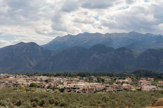 Panoramic view of town of Sparta, Peloponnese, Greece with Taygetus mountains in the background.