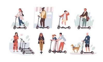 Collection of funny people riding kick scooters isolated on white background. Bundle of young and elderly men and women and children on modern personal transporters. Flat cartoon vector illustration. © Good Studio