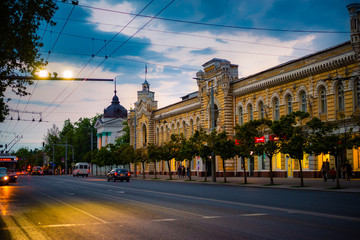 Municipality town hall building street at blue hour in Chisinau, Moldova, 2019