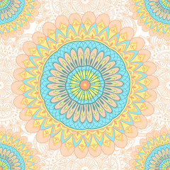 Seamless pattern tile with mandalas. Vintage decorative elements. Hand drawn background. Islam, Arabic, Indian, ottoman motifs. Perfect for printing on fabric or wrapping, surface textures, coloring