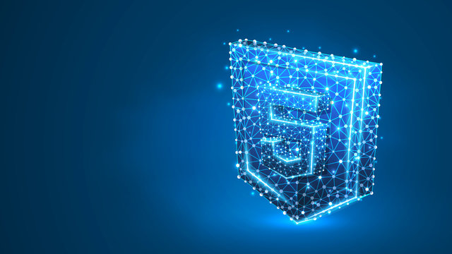 Hypertext Markup Language, html coding sign. Device, programming, developing concept. Abstract, digital, wireframe, low poly mesh, vector blue neon 3d illustration. Triangle, line, dot