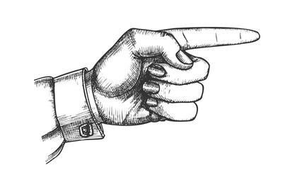 Female Hand Pointer Finger Showing Gesture Vector. Woman Index Finger Arrow Suggesting Direction Course. Lady Forefinger Wrist Gesturing Choice Drawn In Vintage Style Monochrome Closeup Illustration
