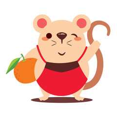 Cartoon cute rat carrying big mandarin orange. Year of rat. Chinese New Year. Cartoon rat character isolated.  - Vector flat art
