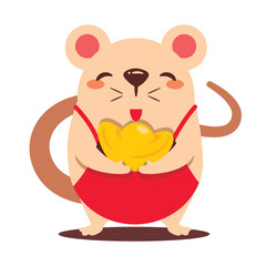 Cartoon cute rat carrying big mandarin orange. Year of rat. Chinese New Year. Cartoon rat character isolated.  - Vector flat art
