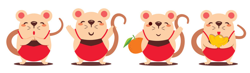 Cartoon cute rat set with Chinese Dodou costume. Chinese New Year. The year of rat. - Vector flat art