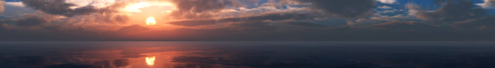 Panorama of the sea landscape at sunset. Stormy sky over the ocean. Banner. 