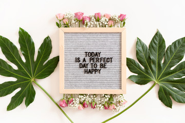 Quote Today is a perfect day to be happy. Letterboard with frame made of green leaves and flowers on white background