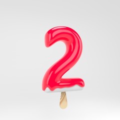 Ice cream number 2. Pink popsicle alphabet. 3d rendered dessert lettering isolated on white background.