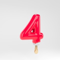 Ice cream number 4. Pink popsicle alphabet. 3d rendered dessert lettering isolated on white background.