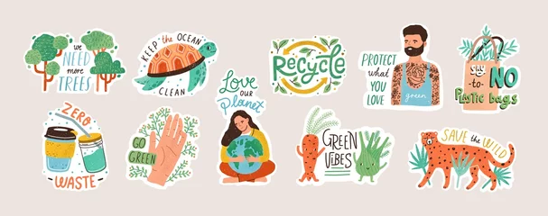 Foto op Canvas Collection of ecology stickers with slogans - zero waste, recycle, eco friendly tools, environment protection. Bundle of decorative design elements. Flat cartoon colorful vector illustration. © Good Studio