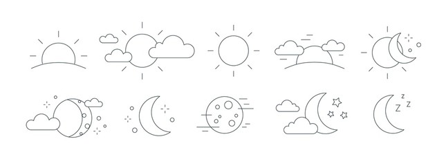 Collection of rising or setting sun, moon phases, clouds and stars symbols. Bundle of day and night time pictograms drawn with black contour lines on white background. Monochrome vector illustration.