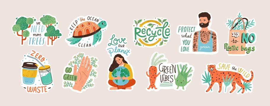Collection of ecology stickers with slogans - zero waste, recycle, eco friendly tools, environment protection. Bundle of decorative design elements. Flat cartoon colorful vector illustration.