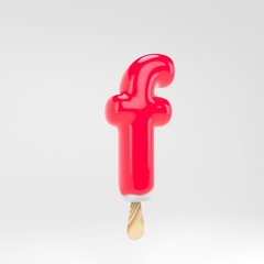 Ice cream letter F lowercase. Pink popsicle alphabet. 3d rendered dessert lettering isolated on white background.