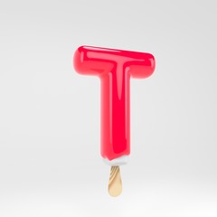 Ice cream letter T uppercase. Pink popsicle alphabet. 3d rendered dessert lettering isolated on white background.