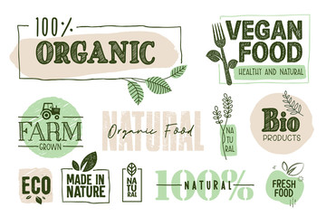 Organic food, farm fresh and natural products signs and elements collection. Vector illustration for food market, e-commerce, restaurant, healthy life and premium quality food and drink promotion.