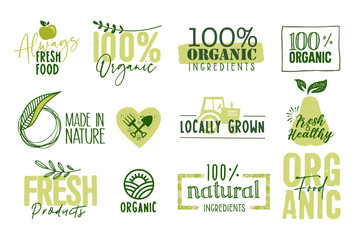 Organic food, farm fresh and natural products signs and labels collection. Vector illustration for food market, e-commerce, restaurant, healthy life and premium quality food and drink promotion.