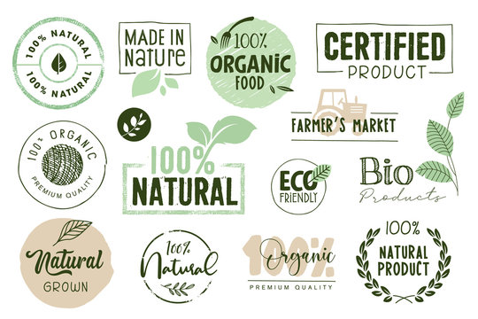 Organic food, farm fresh and natural products labels and elements collection. Vector illustration for food market, e-commerce, restaurant, healthy life and premium quality food and drink promotion.