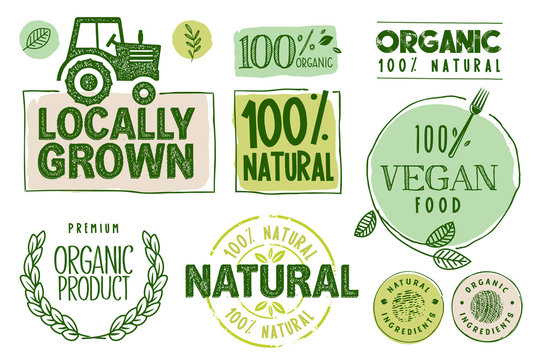 Organic food, farm fresh and natural products stickers and labels collection. Vector illustration for food market, e-commerce, restaurant, healthy life and premium quality food and drink promotion.