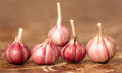 Garlic in the heads on the marble table