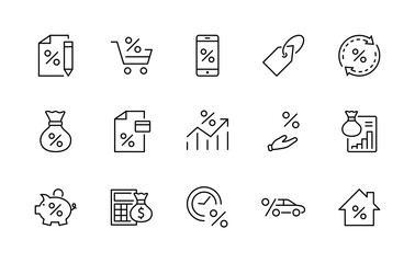 Set of Credit and Loan Related Vector Line Icons. Contains such Icons as Credit Card, Rate Calculator, Deposit and more. Editable Stroke. 320x320 Pixel Perfect