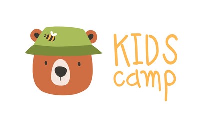 Fototapeta premium Face or head of cute lovely bear wearing bucket hat. Muzzle of funny animal isolated on white background. Vector illustration in flat cartoon style for children t-shirt print, logo for kids camp.