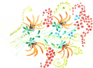 Gouache drawing: Abstraction. Bouquet of flowers and berries.