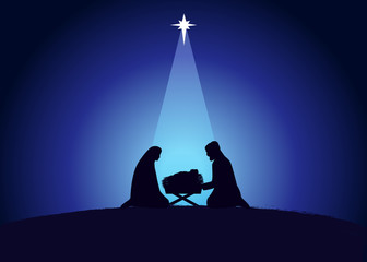 Christmas scene of baby Jesus in the manger with Mary and Joseph in silhouette, surrounded by star. Christian Nativity greeting card birth of Christ, vector banner