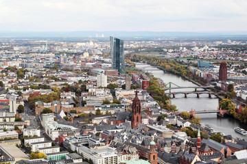 Panoramic view from observation point from Main Tower to Frankfurt and suburbans, Germany
