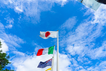 Flag of Japan and many countries, clear and beautiful sky