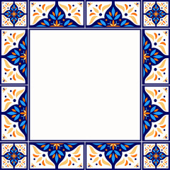 Tile frame vector. Vintage border pattern. Traditional ornamental ceramic decor design. Mexican talavera, sicily majolica, spanish mosaic, portugal azulejos, moroccan motifs. - 283685335