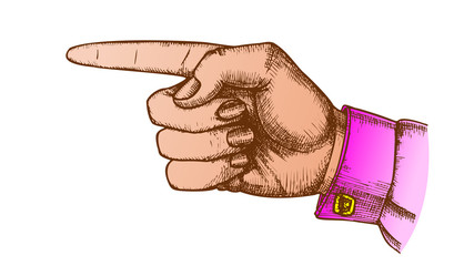 Female Hand Pointer Finger Showing Gesture Vector. Woman Index Finger Arrow Suggesting Direction Course. Lady Forefinger Wrist Gesturing Choice Drawn In Vintage Style Color Closeup Illustration