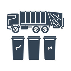 black icon garbage truck, recycle bins, trash cans