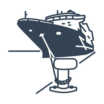 black icon ship moored in port, bollard with mooring ropes