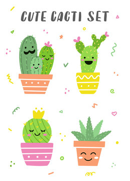 Cute cacti set. Fanny bright cactuses and aloe. Perfect for stickers or baby prints. Vector illustration.