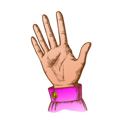 Female Hand Make Gesture Five Fingers Up Vector. Woman Demonstrate Gesture Sign Amount. Girl Open Palm Gesturing Counting Number Signal Color Hand Drawn In Retro Style Closeup Illustration