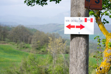 Obraz premium Direction sign on the Via degli Dei or The Gods way in the Apennines mountains in Italy, between Bologna and Florence