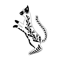 Ornamented abstract cat. Scandinavian style pattern. Black and white illustration.