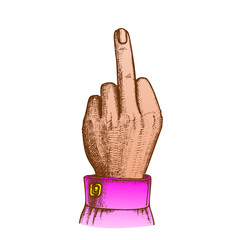 Outrageous Contempt Fuck You Gesture Ink Vector. Female Aggressive Gesture Hand Middle Finger Up Showing Sign. Woman Wrist Gesturing Signal Designed In Vintage Style Color Closeup Illustration