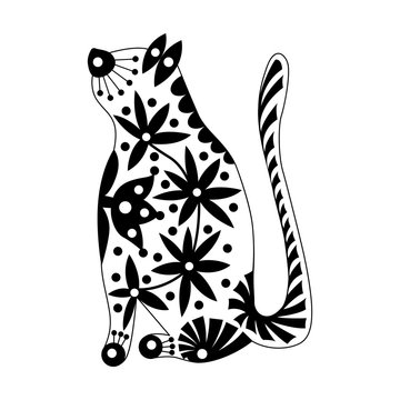 Ornamented abstract cat. Scandinavian style pattern. Black and white illustration.