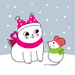 Cartoon cute winter cat and mouse vector.