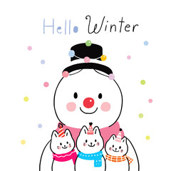 Cartoon cute winter snowman and cats vector.