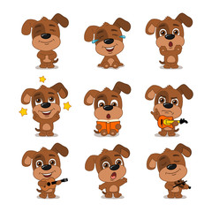 Fototapeta premium Funny puppy dog in cartoon style in different poses and with musical instruments