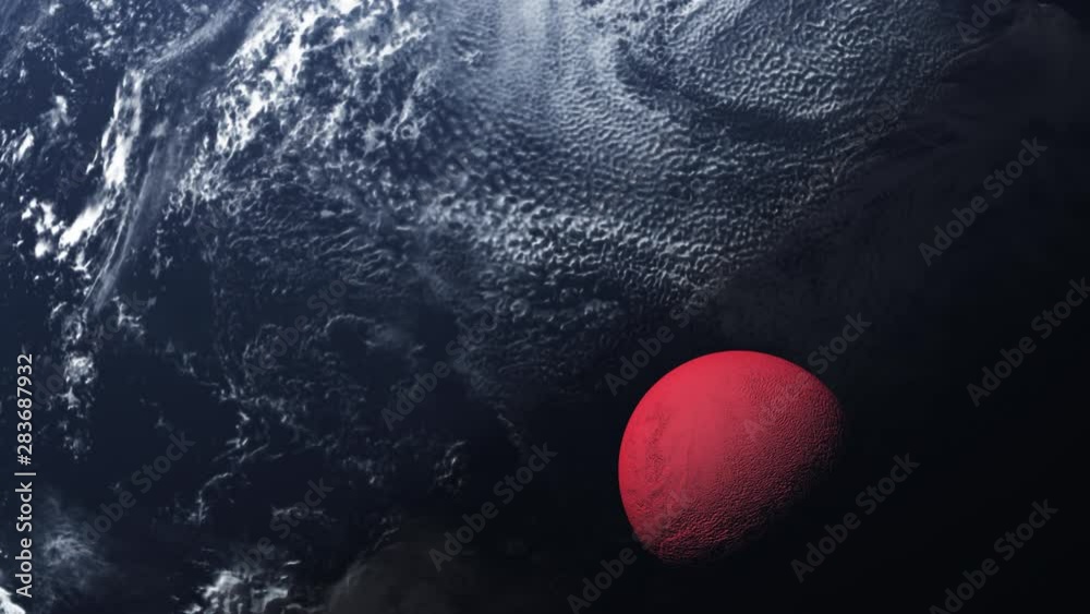 Wall mural conceptual red moon orbiting a large blue planet with deep shadows in space